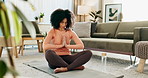 Woman, meditation and zen in home for breath work, spirituality and calm in living room. Floor, mat and yoga or pilates for holistic training, female person and mindset with prayer hands for relax