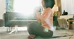 Yoga, meditation and woman for peace in home, sunlight and calm for zen and holistic practice. Floor, mat and incense for relax and energy in living room, female person and breath work exercise