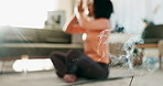Yoga, meditation and woman with incense in home, sunlight and calm for zen and holistic practice. Floor, mat and peace for relax and energy in living room, female person and breath work exercise