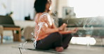 Yoga, meditation and woman with incense in home, sunlight and calm for zen and holistic practice. Floor, mat and peace for relax and energy in living room, female person and breath work exercise