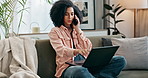 Woman, sofa and phone call on laptop for discussion as remote work, online job and networking with business contact. Happy, female person and relax in living room, email and website for research