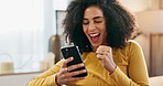 Black woman, smartphone and online in home with celebration for good news, personal milestone and social media recognition. Girl, internet and happy for success, achievement and platform reputation.
