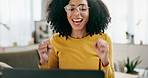 Black woman, online and laptop in home with celebration for promotion, achievement and positive feedback for career. Girl, success and internet with good news, opportunity and work or job recognition