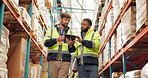 Men, warehouse and shipping inspection with tablet or stock quality control, supply chain or ecommerce. Distribution officer, teamwork or talking in factory for inventory, package or freight logistic