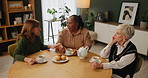 Nursing home, senior women and morning tea with conversation, retirement and discussion in living room. Old people, friends and pensioners with coffee break, discussion and reunion with happiness