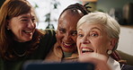 Selfie, happy and senior woman in living room of nursing home for memories. Smile, smartphone and group hug of elderly friends in retirement talking, bonding and relaxing in lounge at care house