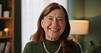 Face, retirement and smile with senior woman in living room of home to relax for weekend time off. Emotion, expression and portrait of happy elderly pensioner person in apartment for wellness
