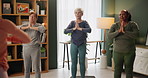 Elderly woman, group and yoga class with namaste, peace and stretching with breathing exercise in retirement. Senior friends, mindfulness and diversity with zen sign for wellness in nursing home