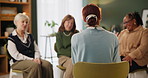 Group, people or discussion in circle for therapy, speaking for depression or anxiety problem. Solidarity, conversation or psychologist with help in office, collaboration or support for mental health