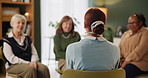 Group, people or discussion in circle for therapy, speaking for depression or anxiety problem. Solidarity, conversation or psychologist with help in office, collaboration or support for mental health