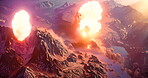 Explosion, bombs and mountain with warfare from aerial view with flames, hot and nuclear war. Smoke, strike and warzone with apocalypse or end of the world with global conflict for no survivors.