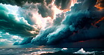 Abstract, clouds and sea with waves in dark with motion in blue sky for wallpaper with danger on horizon. Stormy, ocean and dramatic with deep rough water in nature on coast of American beach.