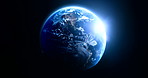 Atmosphere, globe and light on earth in space for climate change, sustainability and transition. Round, world and sphere of planet on black background for universe, astronomy and celestial wallpaper