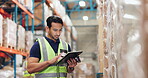 Man, tablet and scanner for inspection or stock take, online and digital order for ecommerce. Technology, typing or cargo for industrial factory for male person, supply chain and depot inspector