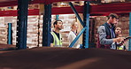 Business people, walking and tablet with team in logistics for storage check, inventory or supply chain at warehouse. Group of contractors or inspectors with technology for quality control at depot
