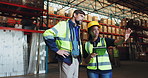 Warehouse, tablet and engineering people planning with logistics, e commerce and supply chain checklist. People with digital tech and teamwork for shipping vision, inventory and b2b exchange or trade