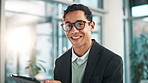 Man, portrait and happy with tablet in office for browsing internet or website for networking and communication. Employee, confidence and smile in reading email, news and stock exchange as accountant