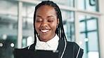 Black woman, employee and happy with tablet in office for browsing internet or website for networking and communication. Female person, smile and reading email, news and stock exchange as accountant