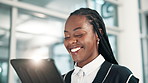 Black woman, employee and happy with tablet in office for browsing internet or website for networking and communication. Female person, smile and reading email, news and social media as accountant