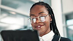 Black woman, employee and happy with tablet in office for browsing internet with glasses for networking and communication. Female person, smile and read email, news and finance report as accountant