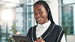 Smile, portrait and black woman with tablet in office for article, planning and reading online report. Editor, journalist and happy with technology for creative agency, website and digital feedback