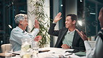 Business people, clapping and high five in night meeting with success, achievement and praise for project startup. Excited senior manager, designer or group applause for well done, teamwork and goals
