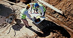 Team, architects and blueprint of building, construction or digging site for planning foundation of mining infrastructure safety. Group, engineer and excavation design of project development progress