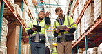 Men, warehouse and supply chain with tablet or shipping quality control, stock inspection or ecommerce. Distribution officer, teamwork or talking in factory for inventory, package or freight logistic