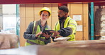 People, warehouse and package inspection with tablet or shipping quality control, supply chain or ecommerce. Distribution officer, teamwork or talking in factory for inventory, stock or logistic