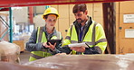 People, factory and inventory inspection with tablet or shipping quality control, supply chain or ecommerce. Distribution officer, team or talking in warehouse for stock, package or freight logistic
