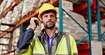 Logistics, man and radio in warehouse with talking, helmet for safety in supply chain or freight. Male person, industrial and quality control in manufacturing, shipping or stock management for export
