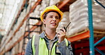 Logistics, woman and radio in warehouse with helmet, talking and safety in supply chain or freight. Female person, industry and quality control in manufacturing, shipping or stock for cargo in trade
