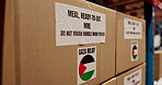 Palestine, box and donation help or package for shipping, ngo and famine crisis or humanitarian response with food parcel. Storage, outreach support and war relief, distribution and export with label