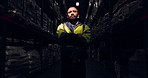 Portrait, night shift and man in warehouse, manufacturing and shipping with career ambition, arms crossed and dark. Face, person and inspector with vest, evening and logistics with quality control