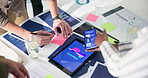 Business people, meeting and hands with app on tech for company proposal, idea and presentation. Phone, tablet and developer with screen at digital agency for software development, ux pitch or review