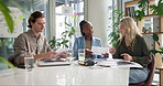 People, business meeting and intern training with paperwork for onboarding resources and communication. Corporate team, manager and onboarding trainee with faq, advice and feedback for collaboration