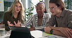 Business people, meeting and collaboration with tablet for research, project deadline or discussion at office. Group of employees or team talking on technology for brainstorming, planning or ideas