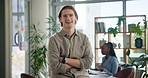 Man, face and arms crossed in office at startup in career, smile or job at copywriting agency. Person, editor and writer in workplace, happy or creative at small business in portrait at media company