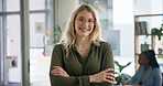 Businesswoman, portrait and office with smile for career, advocate or attorney with arms crossed. Female lawyer, company and happiness with glasses at corporate job, justice or legal aid in Chicago