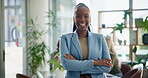 Crossed arms, woman and creative with face in office, business meeting and coworking workplace or vision. Company, career goal and pride with confident African female person, happy and employee smile