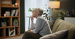 Senior woman and thinking on sofa about osteoporosis, medical support and insurance at retirement home. Mature, female person and bone disease with idea for help and care with balance and memory