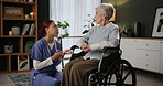 Nurse, senior woman and wheelchair for advice, elderly care and wellness for health or support. Pensioner, person with a disability and assistance by medic for appointment in rehabilitation clinic