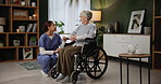 Physiotherapist, senior woman and wheelchair with talking, elderly care or wellness for health or support. Pensioner, person with a disability and assistance by nurse for visit in rehab clinic