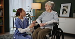 Nurse, senior woman and wheelchair with talking, elderly care and wellness for health or support. Pensioner, person with a disability and assistance by medic for appointment in rehabilitation clinic