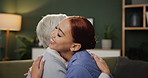 Medic, senior woman and hug for support, elderly care and wellness for health or helping. Pensioner, physiotherapist and embrace by nurse for appointment in rehabilitation clinic or retirement home