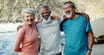 Senior friends, hug and workout with smile on face by ocean with support, diversity or training in summer. Men, woman and happy in portrait with embrace, solidarity or exercise in fitness club by sea