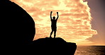 Mountains, sunset and person with celebration, excited and success with happiness, fitness goals and cheering. Athlete, outdoor and runner with progress, nature and workout with clouds or achievement