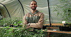 Face, happy and man farming weed in greenhouse for marijuana production or holistic medicine. Agriculture, arms crossed and confident farmer with cannabis for planting, inspection and small business