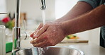 Person, cleaning and washing hands with kitchen, cooking and safety for health, wellness and care. Chef, water and preparation for cooking, hygiene and bacteria with ingredient and protection 