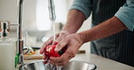 Hands, wash red pepper and sink for dirt, virus or bacteria for safety, cooking and meal prep. Person, closeup and cleaning vegetable in water, faucet or kitchen for dinner at home with hygiene